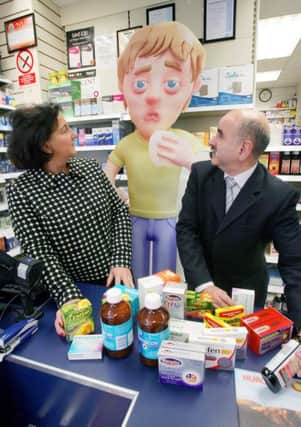 Valerie Watts, Chief Executive of the Health and Social Care Board and Dr Eddie Rooney, Chief Executive of Public Health Agency meet Poorly Paul at the launch the Choose Well campaign 2015.