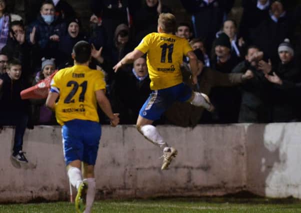 Pacemaker Press 1/12/2015 Toals Co Antrim Shield SF
Ballymena's David Cushily scores the winner  in extra time during this evening's game at Inver Park in Larne.
Pic Colm Lenaghan/Pacemaker