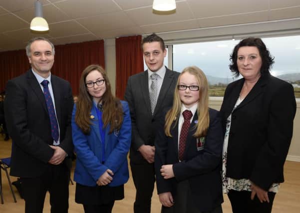 Pictured at the launch of the â¬ÜLegal Highs-Lethal Lowsâ¬" dvd at Lisneal College on Thursday were, from left, Michael Allen, Principal, Alex Ming, St. Maryâ¬"s College, Alderman Graham Warke, Lauren Grieve, Lisneal College, and Adele Wallace. INLS4815-125KM