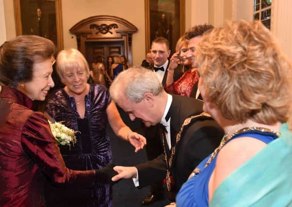 The Mayor, Councillor Thomas Beckett and the Mayoress, Mrs Linda Beckett meeting HRH Princess Anne at the recent Mary Peters Trust 40th Anniversary Gala Dinner.