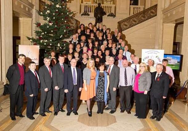 Accolade Community choir welcomed by Jo-Anne Dobson MLA and colleagues at Stormont Parliament Buildings. Image courtesy of Newraypics.com