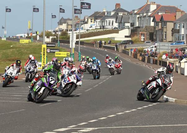 Ian Hutchinson leads the Superbike field into York Corner at this years North West 200.