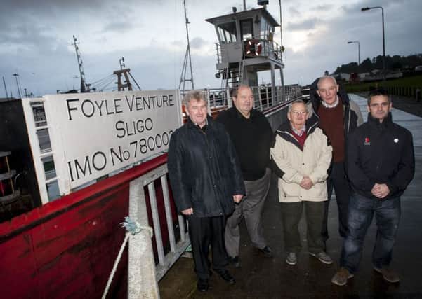 FERRY CLOSURE. . . . . .Directors of the Foyle Ferry pictured at Greencastle. included Jack McInerney, Jim McClenaghan, Tony Coyle, Paddy Coyle and Patrick McClenaghan. DER4515MC081