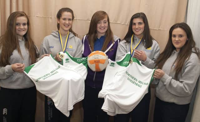 CHAMPIONS. Pictured are members from Ballymoney RP GB, who won the Northern Ireland GB Volleyball competition having qualified by claiming the Riada District title. They are from left, Sarah Scott, Karla Barr, Coach Clare Scott, Zara Hegarty and Nikki Barr..INBM50-15 012SC.