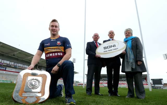 Stephen Irvine from Banbridge RFC, attended the launch of the new sponsorship deal between SONI and the Ulster Senior League and is pictured with (L-R) Bobby Stewart, President of IRFU Ulster Branch, Robin McCormick, Managing Director of SONI, and Dr Joan Smyth, board member of SONI.