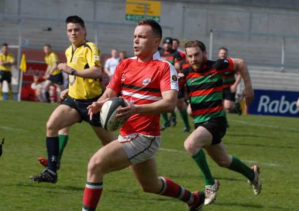 Ryan Garrett charging for Larne in the Gordon West Cup final at Ravenhill. INLT 17-373-PR