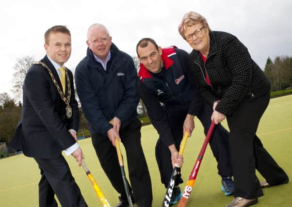 Antrim and Newtownabbey mayor Thomas Hogg (left), alderman John Smyth (Chair of Operations Committee) Jonathan McMeekin (Coach education and Club Development Officer for Ulster Hockey)  and councillor Vera McWilliam (vice-chair of Operations Committee). INLT 50-918-CON