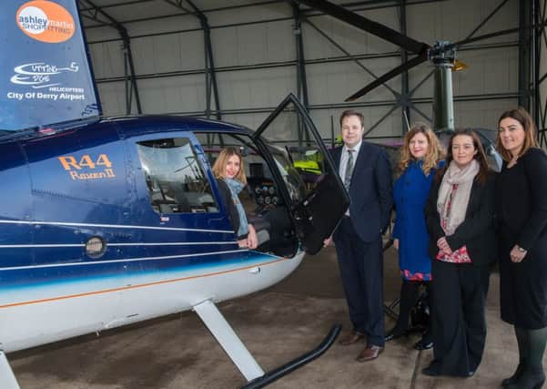 Derry City and Strabane District Council Mayor Councillor Elisha McCallion pictured with Jason Porter from Cutting Edge Helicopters, Mary Blake, Charlene Shongo from City of Derry Airport and Jennifer O'Donnell Derry and Strabane District Council. Picture Martin McKeown. Inpresspics.com.