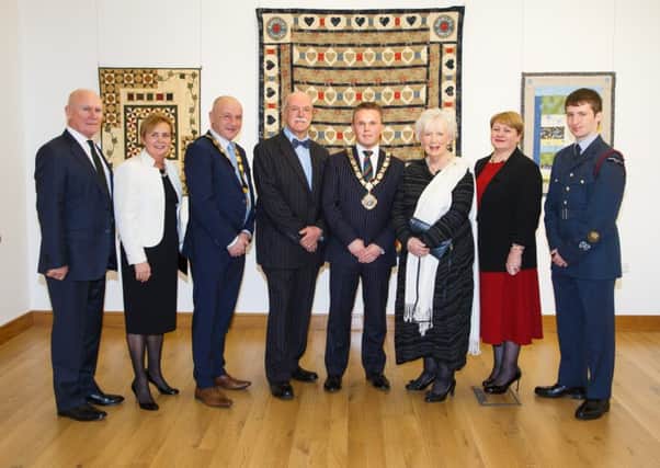 Rev Campbell Dixon MBE; Jacqui Dixon, Chief Executive of Antrim and Newtownabbey Borough Council; Deputy Mayor John Blair; Colonel H K McAllister OBE TD DL; Mayor Thomas Hogg; Mrs Joan Christie OBE, Lord Lieutenant for County Antrim; Mrs McAllister and Josh Catherall. INNT 50-589CON