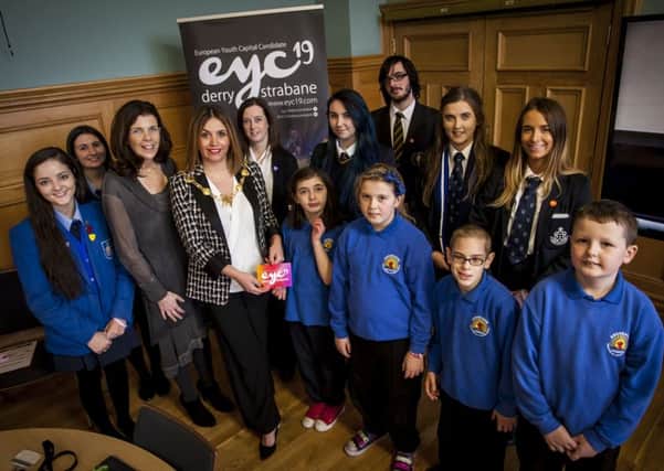 EYC 19 DERRY/STRABANE. . . . .The Mayor of Derry City and Strabane District Council pictured at Wednesday's European Youth Capital 19 event in the Guildhall with representatives from various primary and secondary schools throughout the north west. Included are Oonagh McGillion, Director of Legacy and Emma McLaughlin, EYC Officer, Derry City and Strabane District Council.