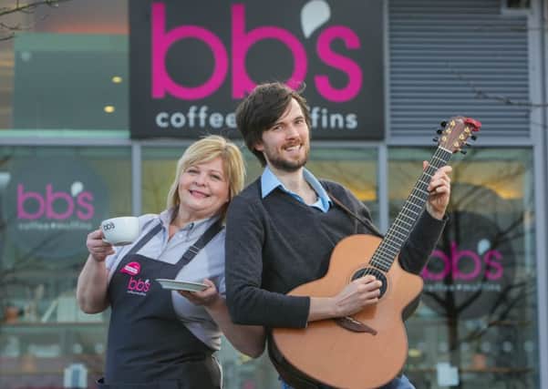 Arlene Dermott, bbs store manager at The Outlet, and Buskfest 2014 winner Matthew Malcolm at the launch of bbs.