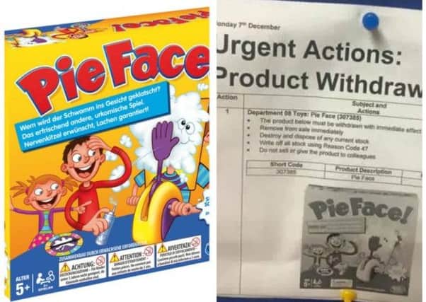 'Pie Face' is one of the most sought after games this Christmas. Pictured right is a copy of the product withdrawal issued to B&M stores.  INLT 51-650-CON