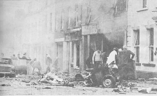 The scene in the aftermath of the Provisional IRA bomb that exploded in Railway Road, Coleraine on June 12, 1973. The explosion killed six civilians.