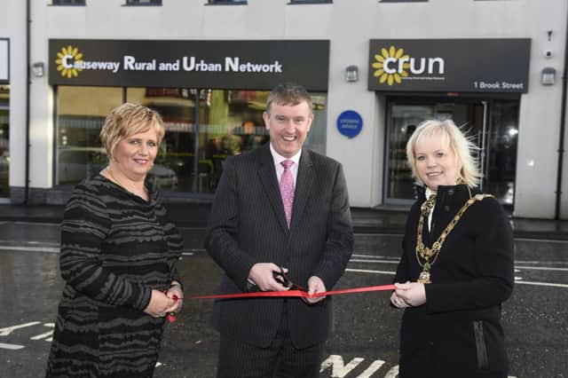 Pictured with Social Development Minister Mervyn Storey MLA at the official opening are Ann McNickle (left), Network Manager, Causeway Rural and Urban Network and Mayor Michelle Knight-McQuillan. 
Picture: Michael Cooper