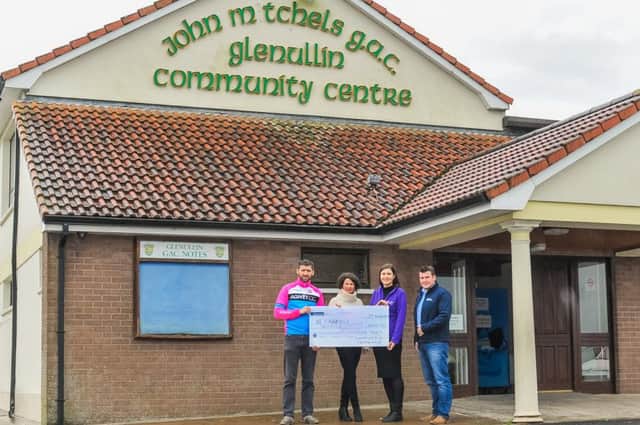 The 2015 Giro di Glen cyclists have helped to raise a fantastic £500 for the very worthy Northern Ireland Childrens Hospice. Pictured (left to right) Ruairi Boylan, of Agivey Cycling Club, Claire Kilmartin, of Glenullin GAC, Eva Toal, of Northern Ireland Childrens Hospice and Chris Fillis, of RiverRidge Recycling.