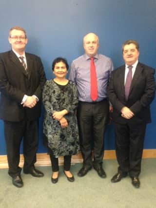 A delegation of Lisburn & Castlereagh City Council Members met the Chief Executive of the Northern Ireland Courts and Tribunals Service to continue to lobby against the potential closure of Lisburn Courthouse.  Pictured are: (l-r) Peter Luney, Head of Court Operations; Councillor Vasundhara Kamble; Alderman James Tinsley; and Ronnie Armour, NICTS Chief Executive.