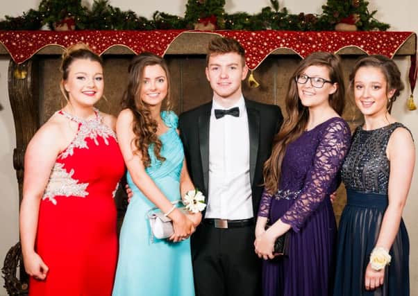 Megan Workman, Rachel Lutton, Andrew Rosborough, Lauren Johnson and Madeleine McDowell pictured at the Slemish College Formal in the Dunadry Hotel. (Submitted Pictures)