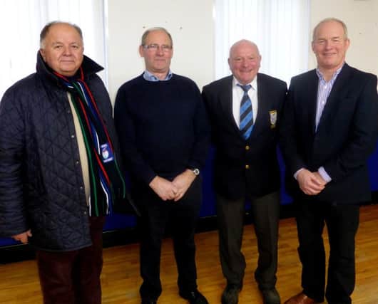 Sponsors of the pre-match rugby lunch for the Coleraine v Donaghadee game on Saturday were newly formed dairy group LacPatrick (formerly Ballyrashane Creamery). Pictured with club president Kevin Bradley are LacPatrick chairman Hugo Maguire, vice-chairman Roy Irwin and deputy CEO Nigel Kemps.