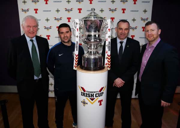 Ballymena United manager Glenn Ferguson and his Linfield counterpart David Healy at last week's Tennent's Irish Cup draw. Also included are Irish FA President Jim Shaw and Rod McCrory from Tennents NI. Picture: Press Eye.