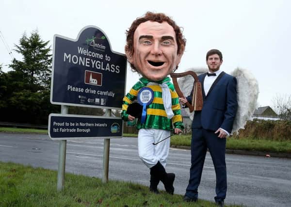 AP McCoy pictured in his hometown of Moneyglass with the HARP Angel.