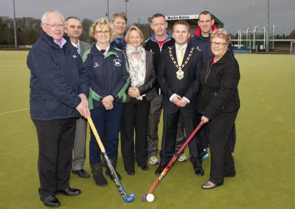 Mayor of Antrim and Newtownabbey, Councillor Thomas Hogg announces the investment at Marks Arena at Antrim Forum. He is pictured with Alderman John Smyth, Chair of Operations, Patricia Logan, Secretary of Randalstown Hockey Club, Roberta Flaherty, Antrim Forum Manager, Vera McWilliam, Vice-Chair of Operations, Paul Whiteside, Andy Cleghorne and Tommy Monaghan, Antrim Mens Hockey Club and Jonathan McMeekin, Coach Education and Club Development Officer, Ulster Hockey.