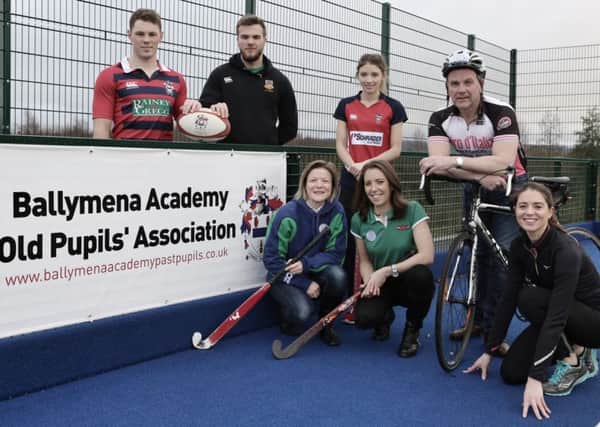 Promoting the Boxing Day sporting bonanza at Ballymena Academy are (from left): Jordan Foster, Oliver Millar, Hockey Players Sally Ann Roddy, Leah Paul, Sarah Jane Goodrich, Cyclist Sam McClean and cross country runner Kerry Bamber.