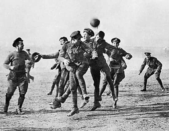 Armistice Day football match at Dale Barracks between german soldiers and Royal Welsh fusiliers to remember the famous Christmas Day truce.