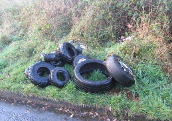 Tyres which were dumped along the roadside.