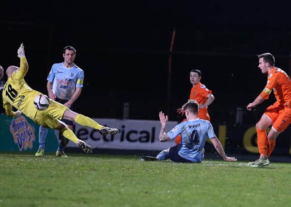 Andy Waterworth scores Linfield's second goal in Ballymena United's 3-1 home defeat on Saturday. Picture: Press Eye.