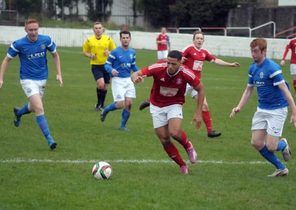 Larne's Guilluame Keke scored from the penalty spot in their 2-0 win against Limavady United in the Irish Cup fourth round. INLT 51-200-AM