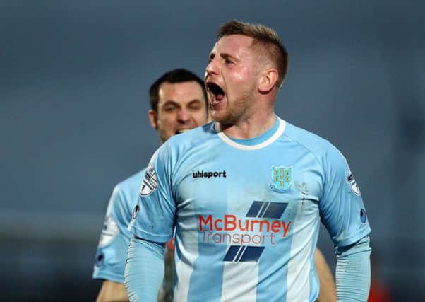 David Cushley celebrates his remarkable long-range goal in Saturday's Danske Bank Premiership match against Linfield .
Picture by Brian Little/Presseye.