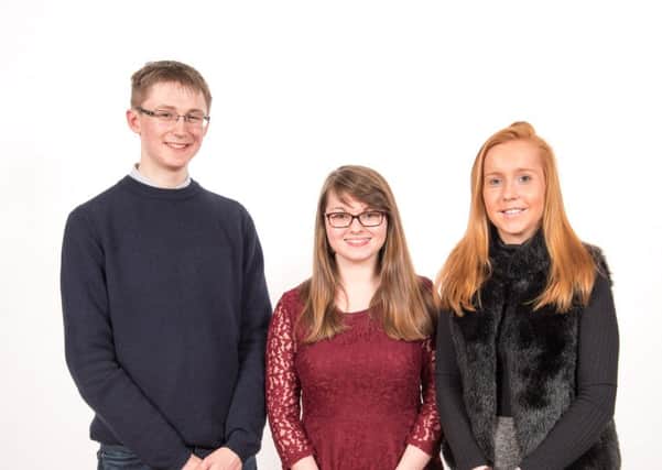 Dalriada pupils Sarah Cassells, Sophie Sterne and Thomas Hancock who were recognised at CCEAs annual GCE Celebrating Excellence Awards.
