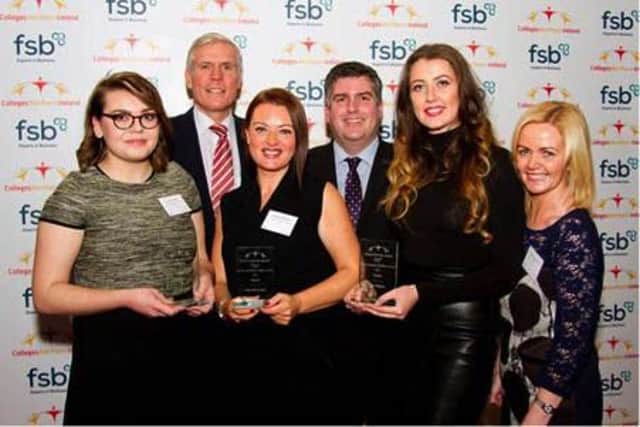 Left to right: Sarah Johnston, BMC Finalist; Ken Redpath, Chair of FSB Belfast City Branch; Cathryn Bartolovic, Overall Winner at FSB Awards; Gerry Campbell, Chief Executive, Colleges NI; Kiara Madden, BMC Finalist; and Grainne McGowan, BMC