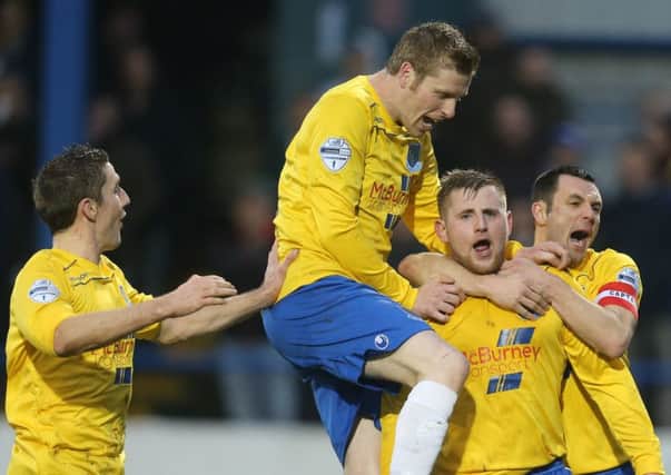 Ballymena's David Cushley celebrates after bringing his team level against Coleraine. Picture: Dylan McIlwaine.