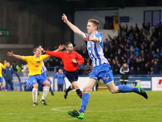 Coleraine's Jamie McGonigle celebrates after putting his team ahead in the 19th minute