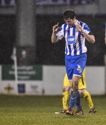 ©Russell Pritchard 6th December 2014 
Danske Bank Premiership game between Coleraine and Cliftonville at Coleraine Showgrounds.
Coleraines 2nd Goalscorer Howard Beverland celebrates at Saturdays Game.
©Russell Pritchard / Presseye