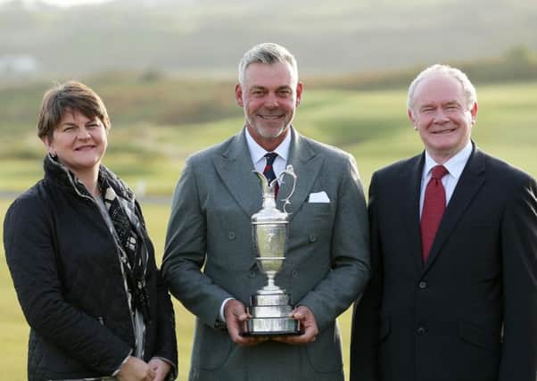 Acting First Minister and Finance Minister Arlene Foster and deputy First Minister Martin McGuinness pictured with Darren Clarke, at the official announcement that The Open Championship is to be held in Royal Portrush in 2019, and twice more before 2040.