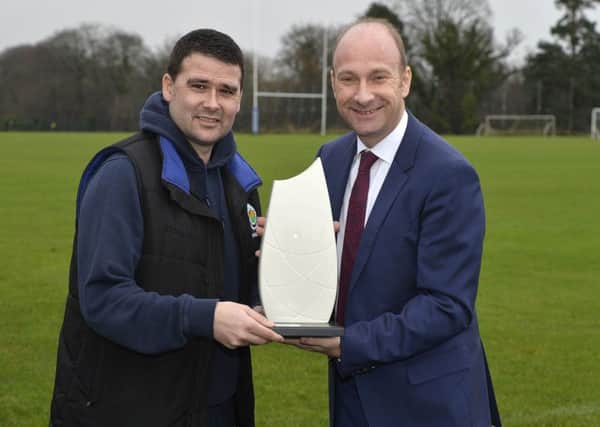 Linfield boss David Healy pictured receiving December's Northern Ireland Football Writers' Association's Manager of the Month award from Stephen Watson, Chairman Northern Ireland Football Writers' Association. Picture by Stephen Hamilton/Presseye.
