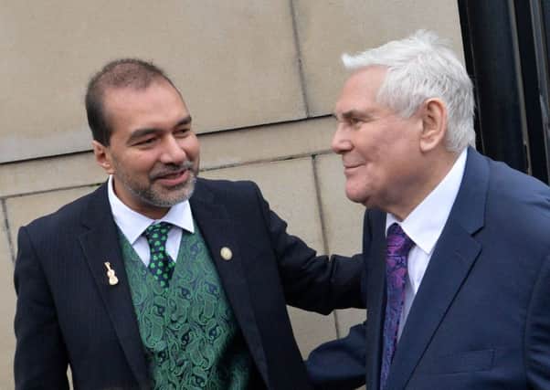 Sheikh Dr Muhammad Al-Hussaini with Pastor McConnell outside court in Belfast. Photo Colm Lenaghan/Pacemaker Press