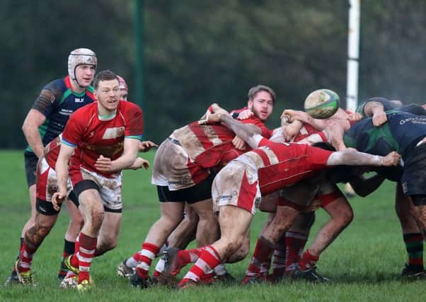 Ranalstown 1st XV scrum-half McWhirter gets a pass away from behind the scrum during Saturday's Towns Cup defeat by Clogher Valley game at Neillsbrook. INBT 02-233CS