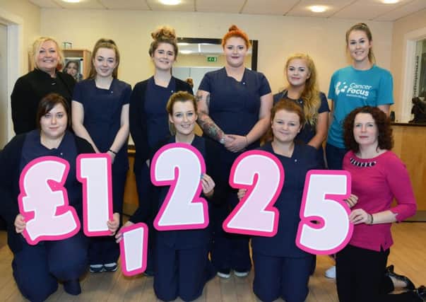 Last week at the Ballymena Campus NRC Beauty Therapy department students Kirsty , Sophia, Lauren, Chloe, Gemma, Chloe and Jamie Lee,  presented a Â£1,225 cheque to Suzy College, Cancer Focus UK.  The money was raided at a "Think Pink" day organised by the students. Included are Lecturer  Eileen Patterson Barr and Fiona McDowell, Equality  Officer NRC. INBT 03-808H