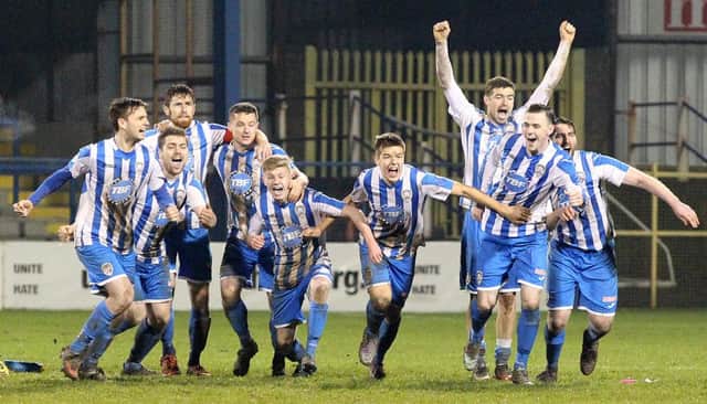 Coleraine players celebrates winning a  penalty shoot-out against  Ballinamallard United during Saturday's Tennents Irish Cup 5th Round match at the Showgrounds.
Picture by Brian Little/Presseye
