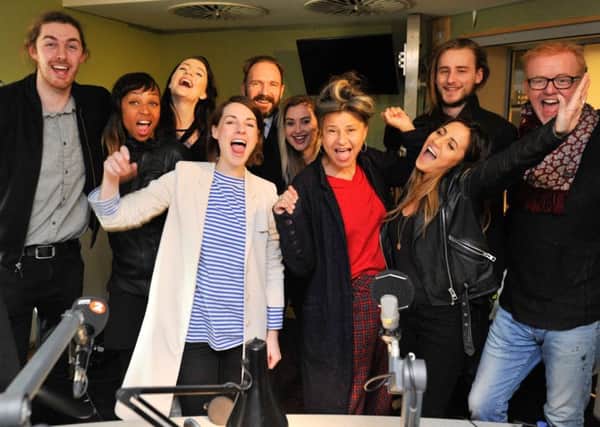 Alana Henderson from Dungannon (back row, third from left) with Hozier and other guests on the BBC Radio 2 Chris Evans Breakfast Show. Photo from BBC