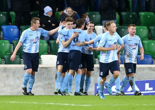 Ballymena United celebrate Paddy McNally's goal in tonight's Toals County Antrim Shield final against Linfield. Picture: Press Eye.