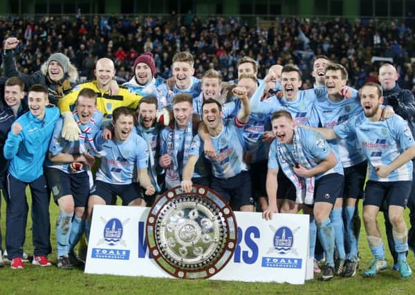Ballymena United celebrate as they lift the County Antrim Shield after beating Linfield 3-2. Picture: Press Eye.
