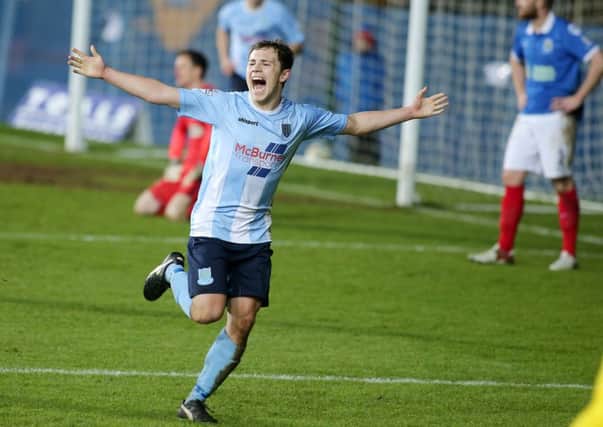 Ballymena's Eoin Kane celebrates after scoring to put Ballymena United 3-1 ahead in the Toals County Antrim Shield final. Picture: Press Eye.