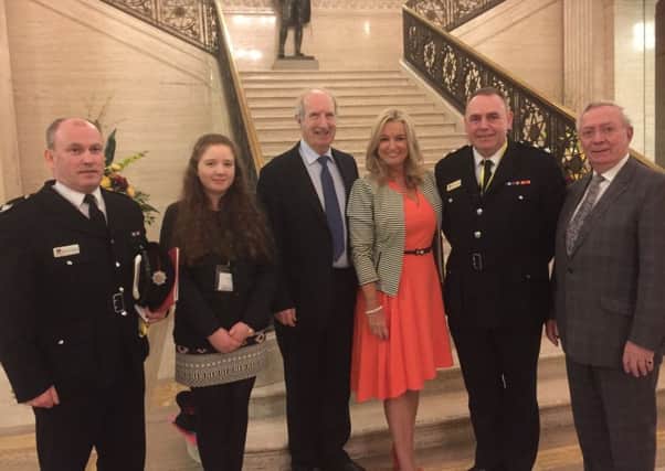 Fire Brigades Union Regional Chairman, Dermot Rooney, Portadown Fire Station Commander, David Nichol with Jo-Anne Dobson MLA, Sam Gardiner MLA, Alderman Arnold Hatch and Lurgan College student Jessica Johnston supporting the Assembly motion highlighting the threats to the Fire and Rescue Service.