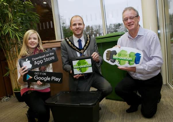 Lord Mayor of Armagh, Banbridge and Craigavon, Councillor Darryn Causby is joined by councils Recycling Inspector, Catherine Dynes and Gerry McAleer from Bin-Ovation Limited to launch the free Bin-Ovation app which is now live across the Borough.