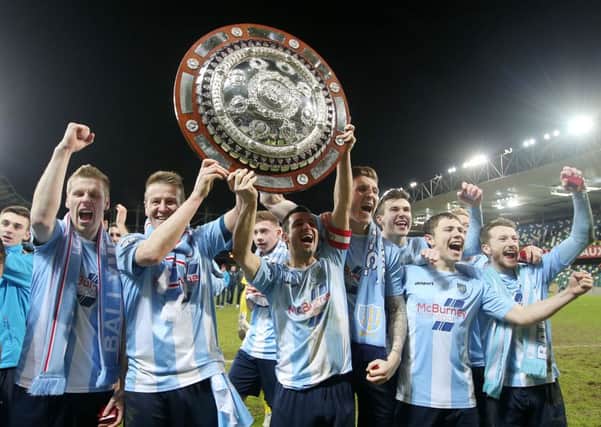 Ballymena United's players celebrate after winning the County Antrim Shield. Picture: Press Eye.