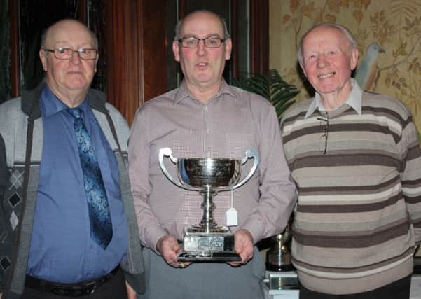 Ballymena Highest Prize-winner for 1st time Bertie Blair with Chairman Top McAlonan (l) and President Billy Smyth.